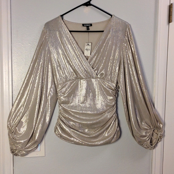 Express Tops - 🔖3for$25 Express Metallic Champagne Balloon-Sleeved Top NWT